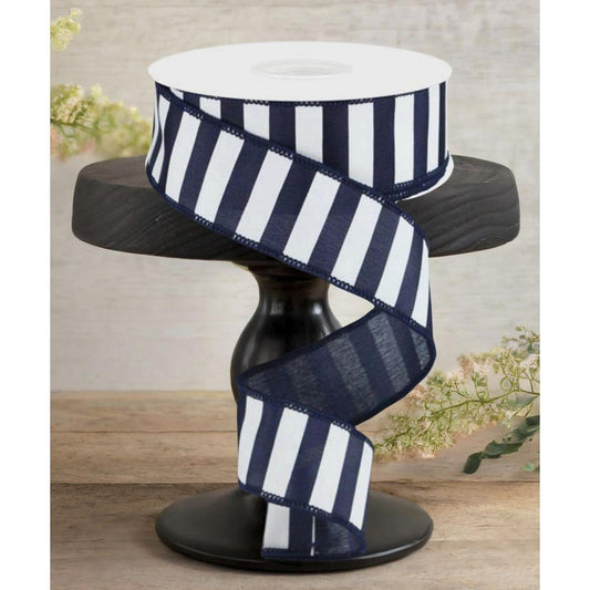 1.5" Medium Horizontal Stripe Ribbon: Navy Blue & White (10 Yards)
