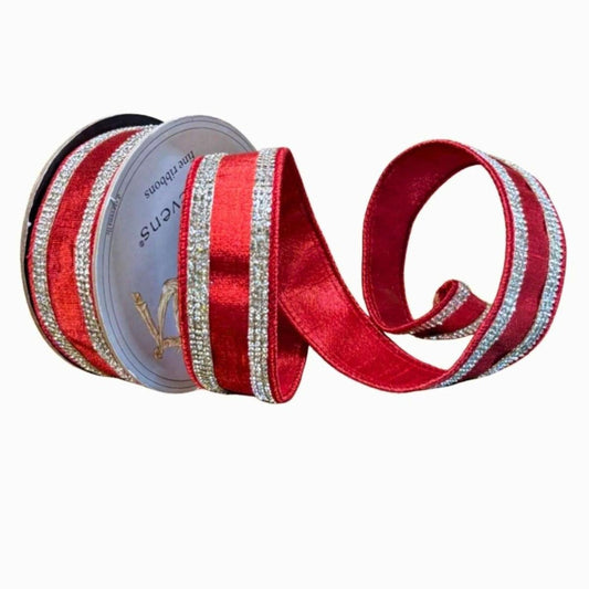 1.5" Metallic Dupion Jewel Stripe Ribbon: Red (5 Yards)
