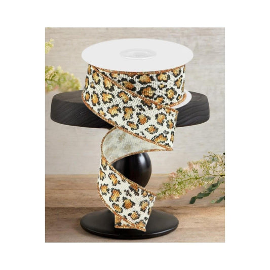 1.5" Metallic Leopard Print Burlap Ribbon: Off White (10 Yards)