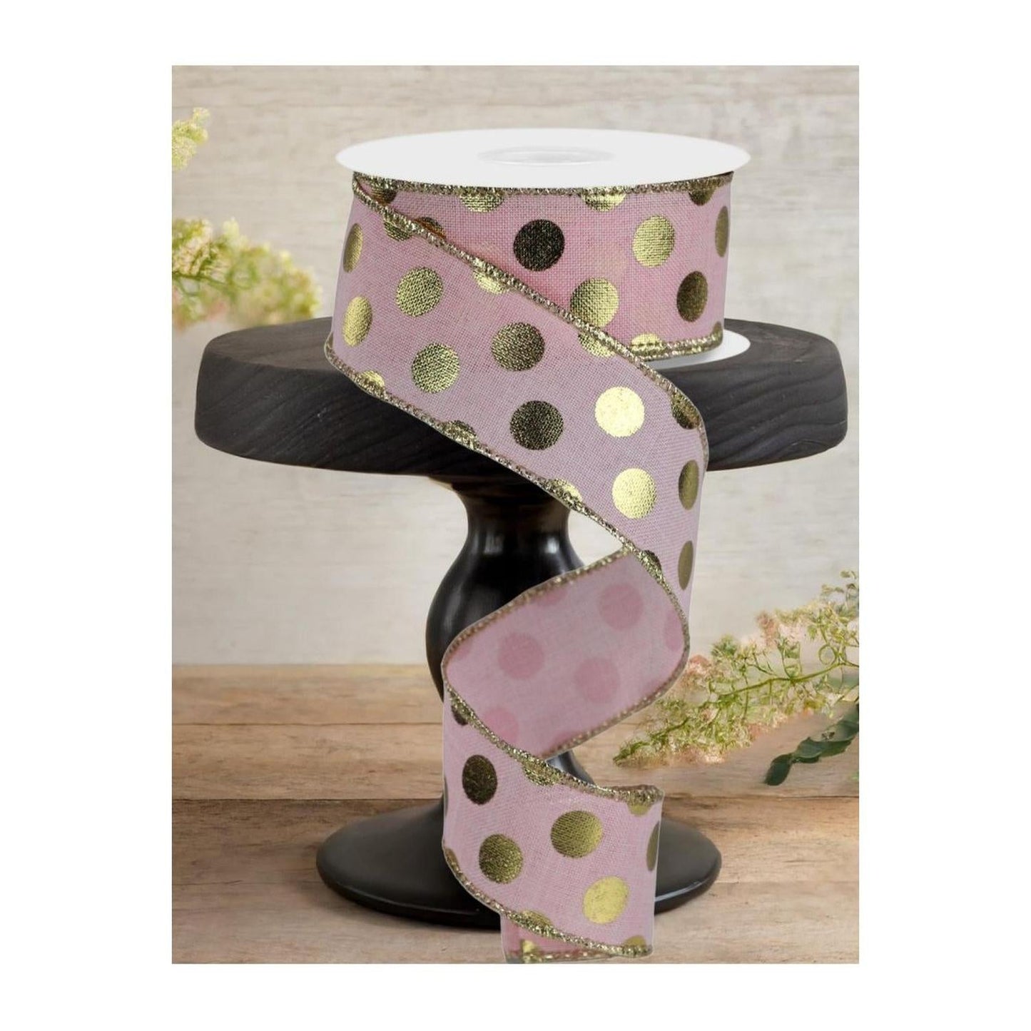 1.5" Metallic Polka Dots Ribbon: Pale Pink (10 Yards)