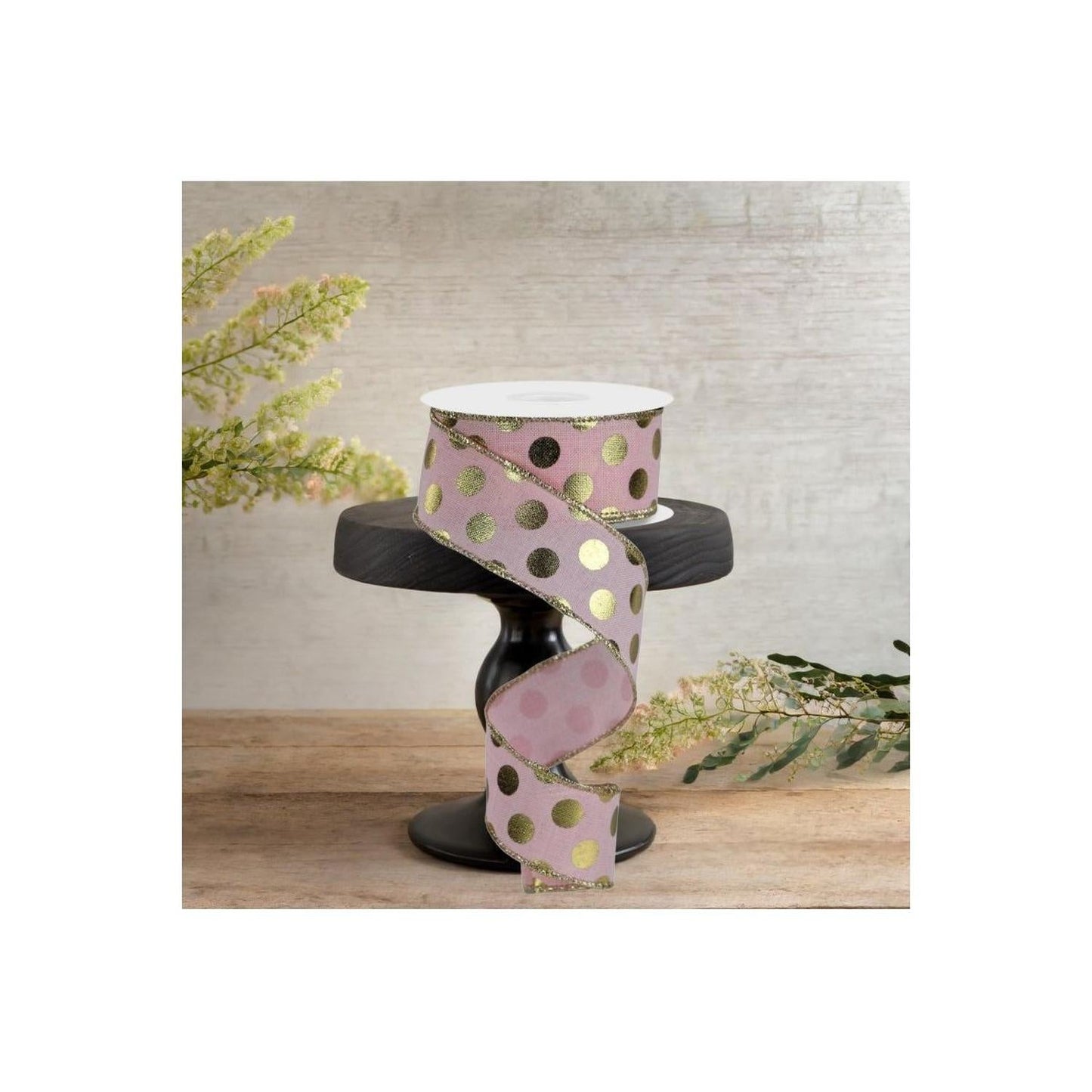 1.5" Metallic Polka Dots Ribbon: Pale Pink (10 Yards)