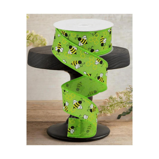 1.5" Mini Bumblebees on Royal Ribbon: Lime Green (10 Yards)