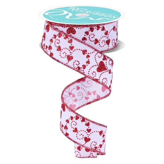 1.5" Mini Swirl Heart Ribbon: White/Red (10 Yard)