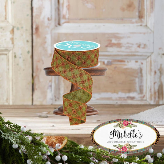 1.5" Multi Circles and Dots Ribbon: Green/Copper (10 Yards)