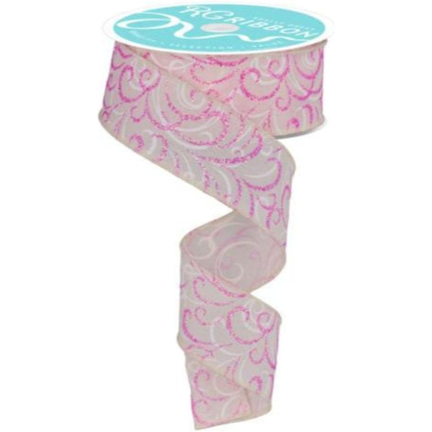 1.5" Multi Swirls Glitter Ribbon: Cream/Pink/White (10 Yard)