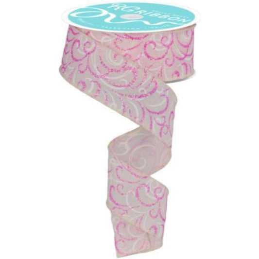 1.5" Multi Swirls Glitter Ribbon: Cream/Pink/White (10 Yard)