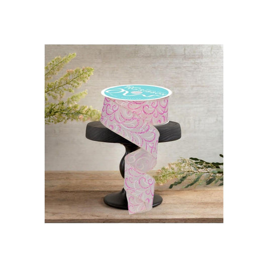 1.5" Multi Swirls Glitter Ribbon: Cream/Pink/White (10 Yard)