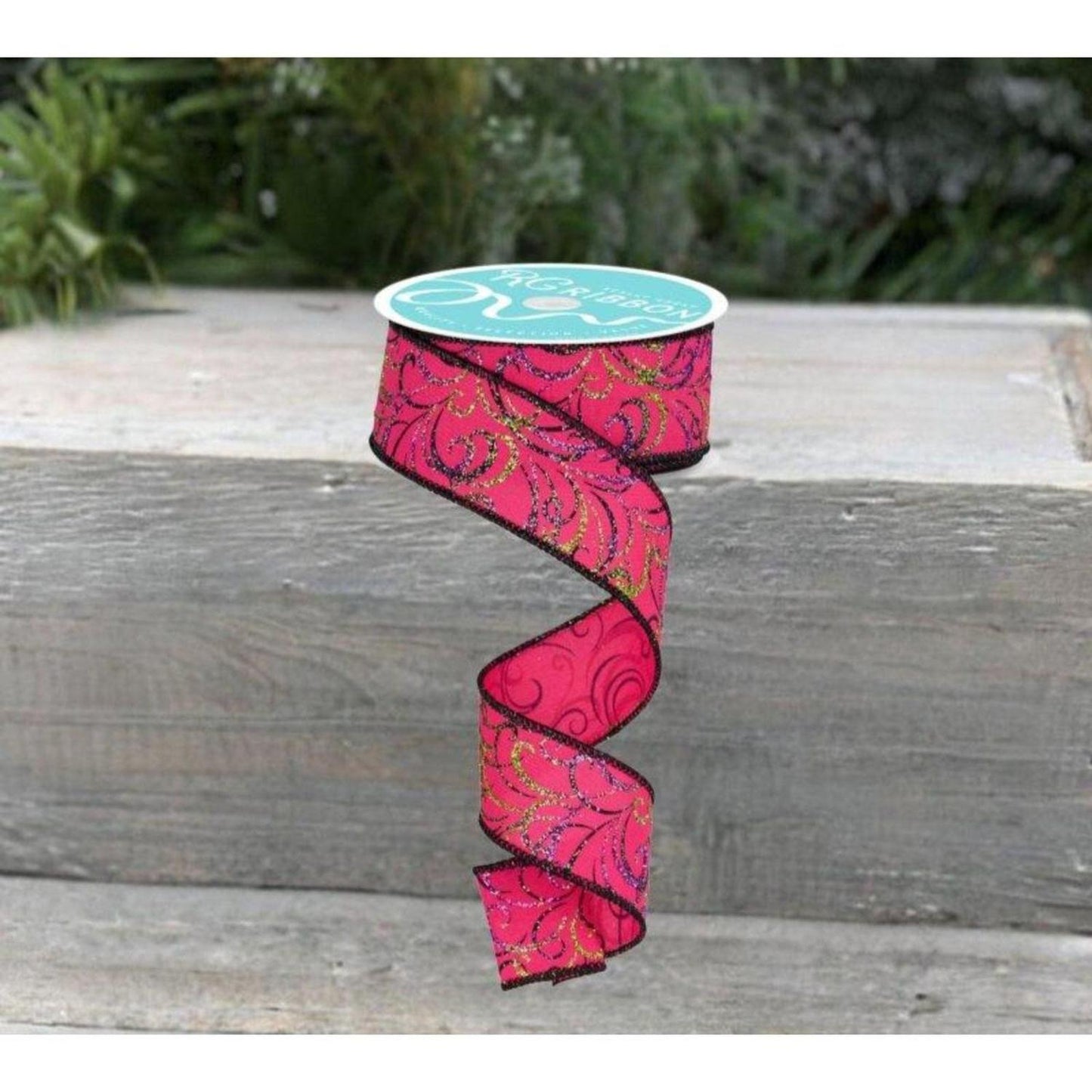 1.5" Multi Swirls Glitter Ribbon: Hot Pink/Lime/Black (10 Yard)