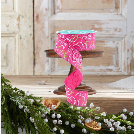 1.5" Multi Swirls Glitter Ribbon: Hot Pink/Lime/White (10 Yard)