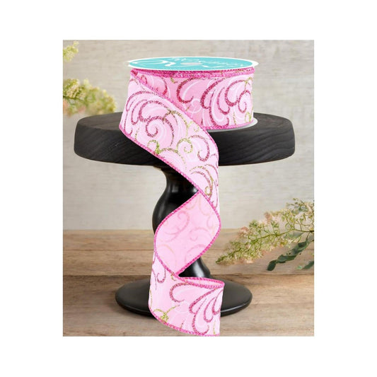 1.5" Multi Swirls Glitter Ribbon: Light Pink/Lime/White (10 Yard)