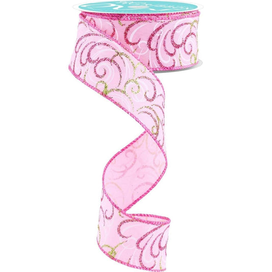 1.5" Multi Swirls Glitter Ribbon: Light Pink/Lime/White (10 Yard)
