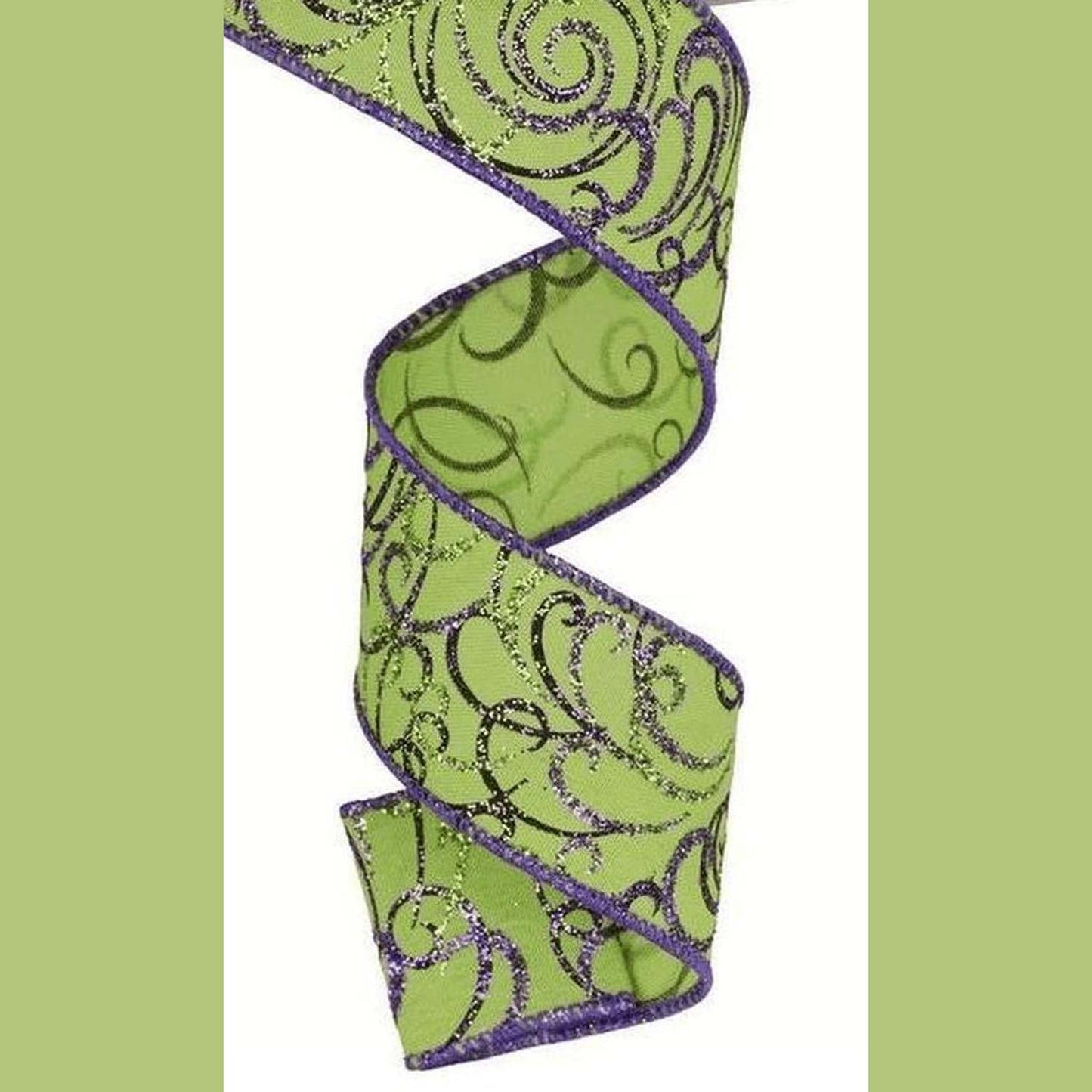 1.5" Multi Swirls Glitter Ribbon: Lime Green/Purple (10 Yard)