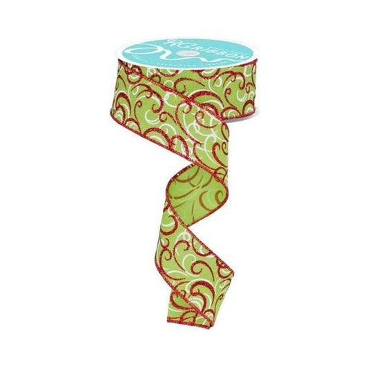 1.5" Multi Swirls Glitter Ribbon: Lime Green/Red (10 Yard)