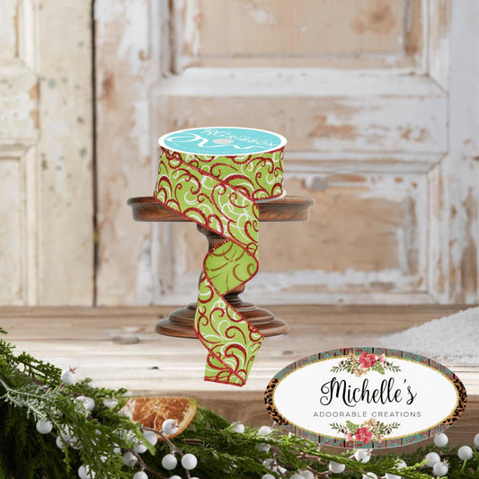 1.5" Multi Swirls Glitter Ribbon: Lime Green/Red (10 Yard)