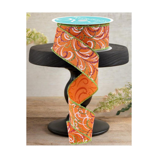 1.5" Multi Swirls Glitter Ribbon: Orange/Pink/Lime (10 Yard)