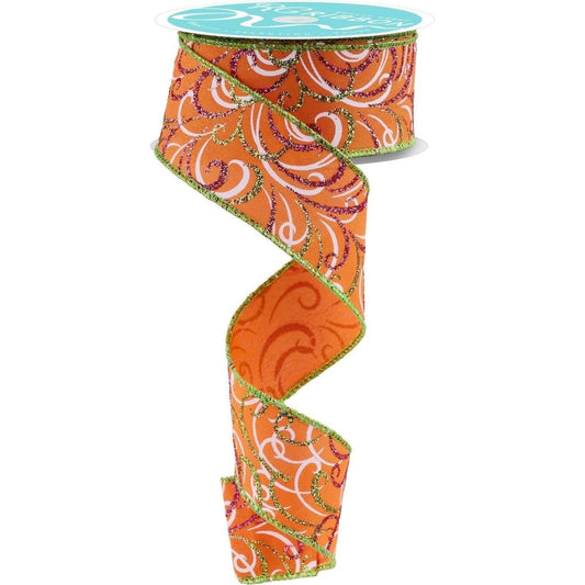1.5" Multi Swirls Glitter Ribbon: Orange/Pink/Lime (10 Yard)
