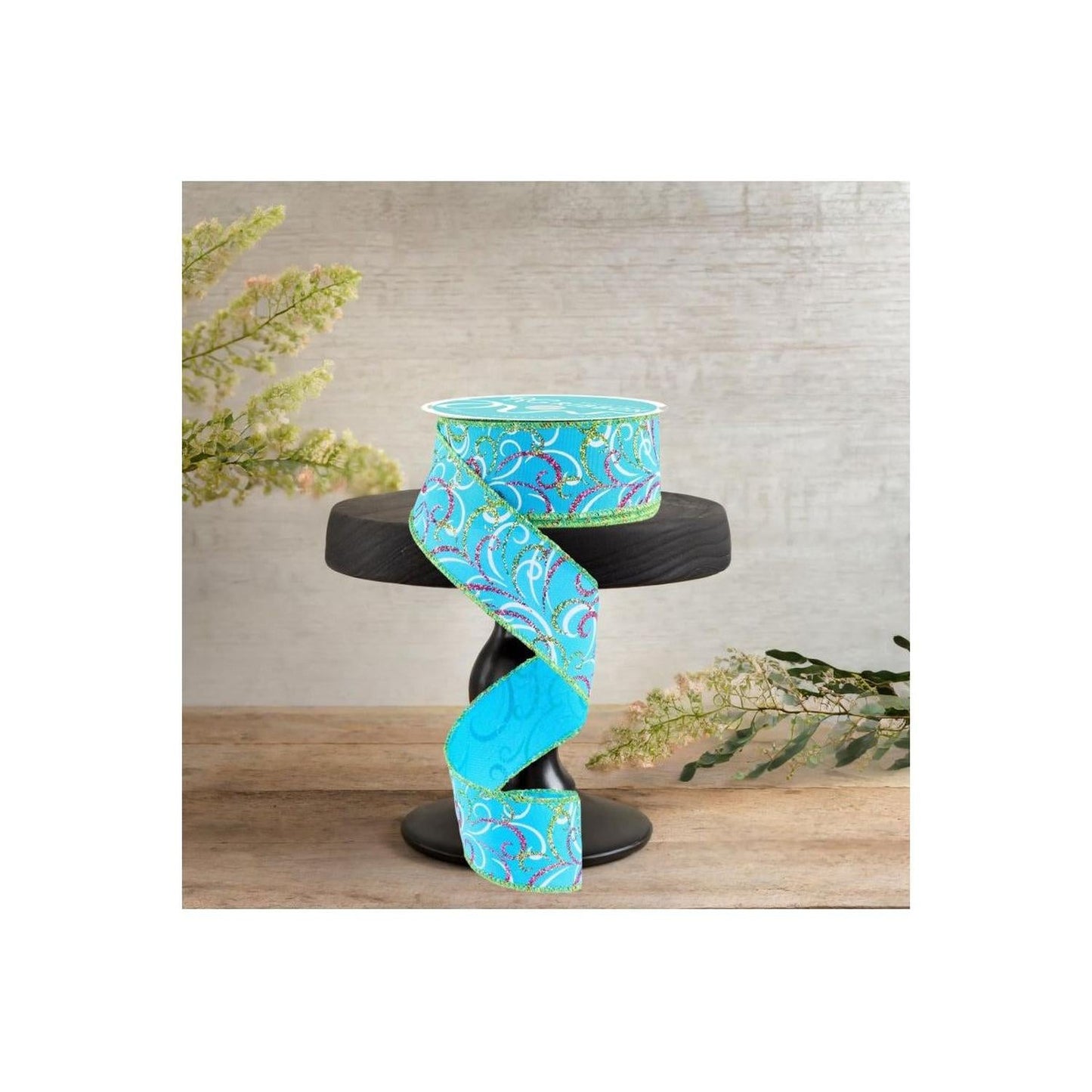 1.5" Multi Swirls Glitter Ribbon: Turquoise/Hot Pink (10 Yard)