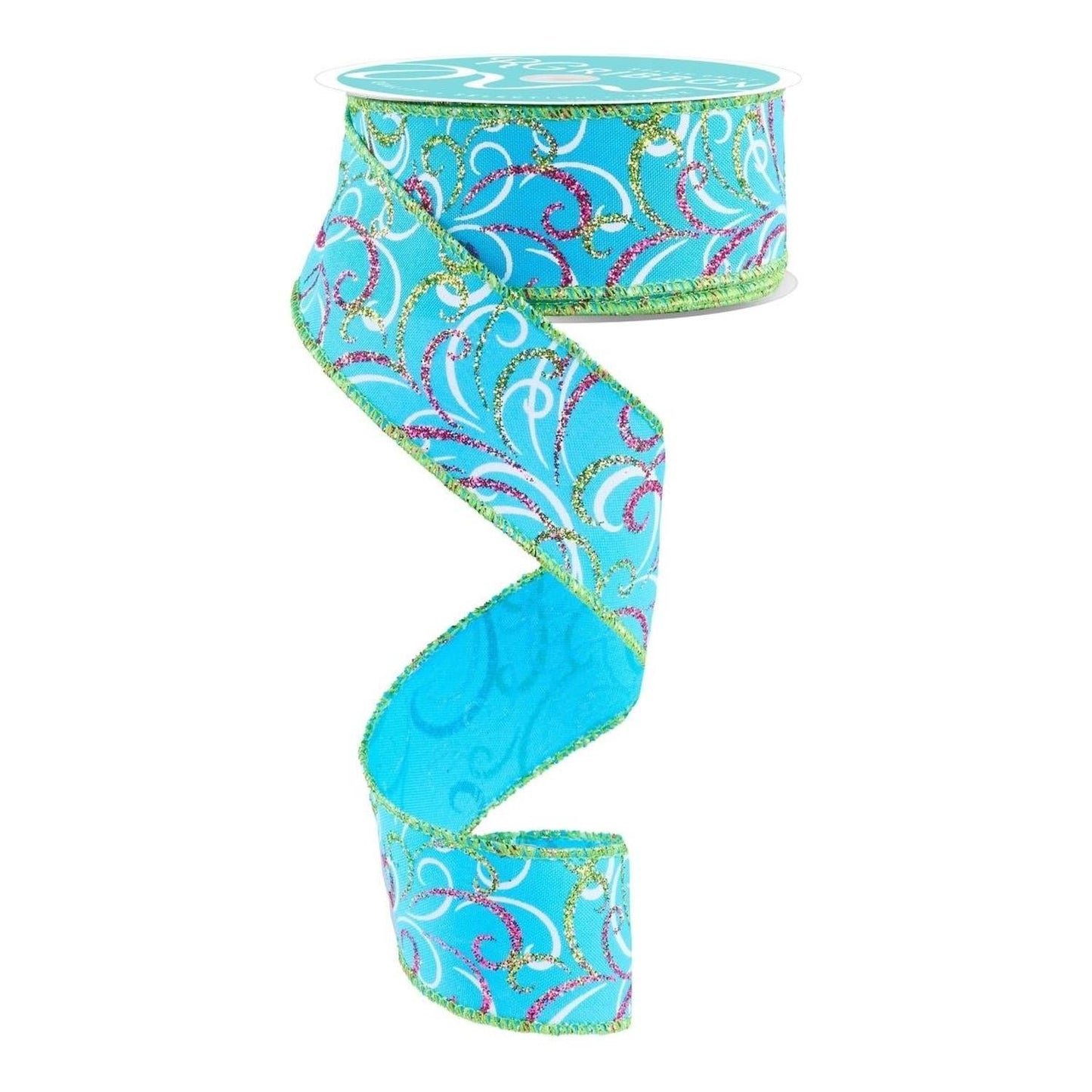1.5" Multi Swirls Glitter Ribbon: Turquoise/Hot Pink (10 Yard)