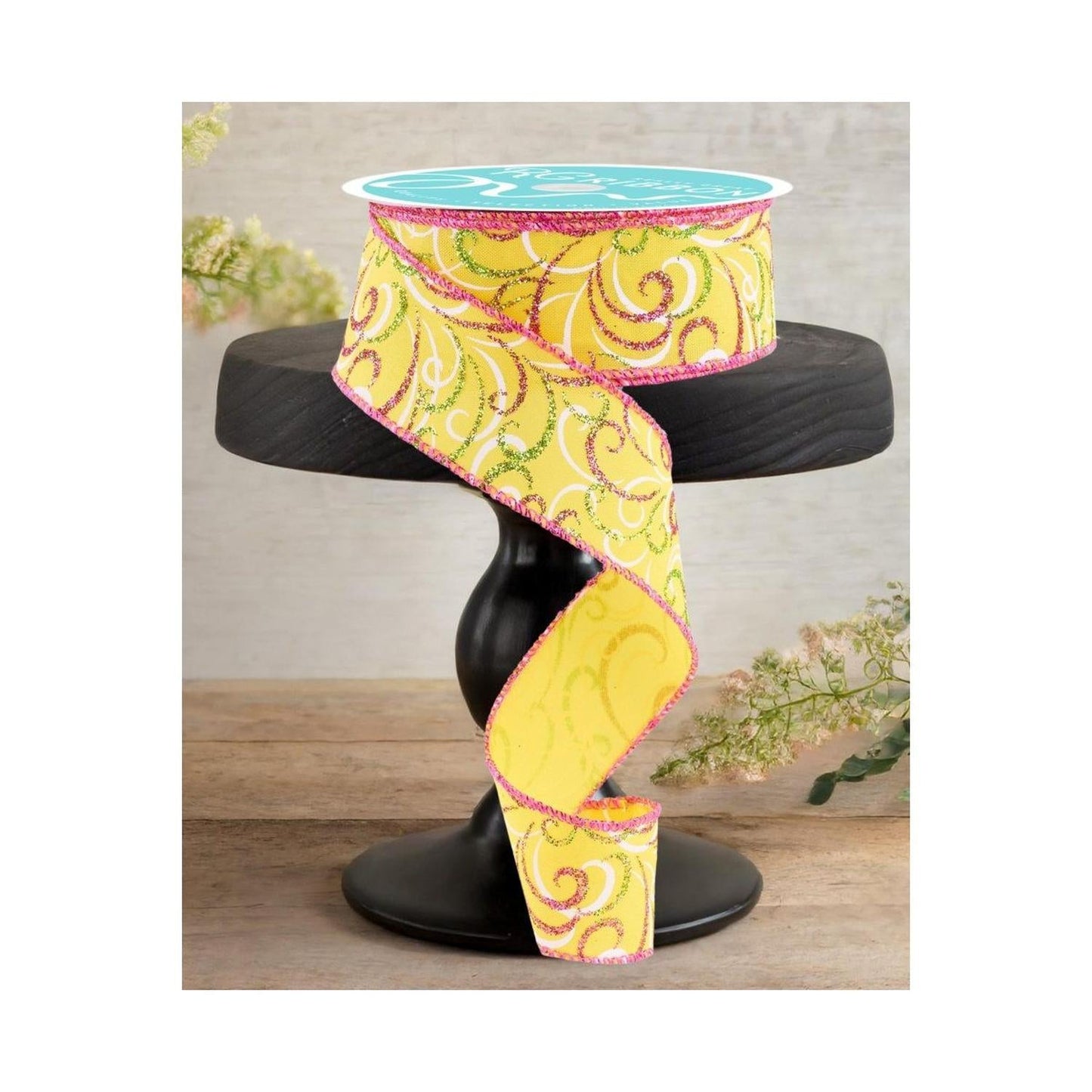 1.5" Multi Swirls Glitter Ribbon: Yellow/Pink/Lime (10 Yard)