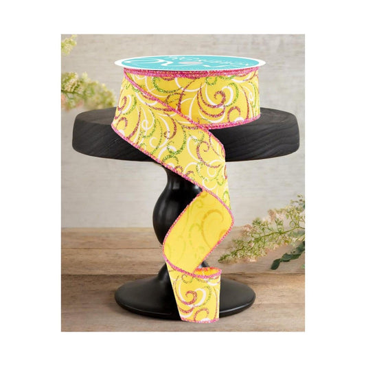 1.5" Multi Swirls Glitter Ribbon: Yellow/Pink/Lime (10 Yard)