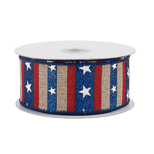 1.5" Navy Glitter Stripes With Stars Ribbon: Natural (10 Yards)