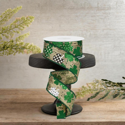 1.5" Pattern Shamrock Ribbon: Gold (10 Yards)