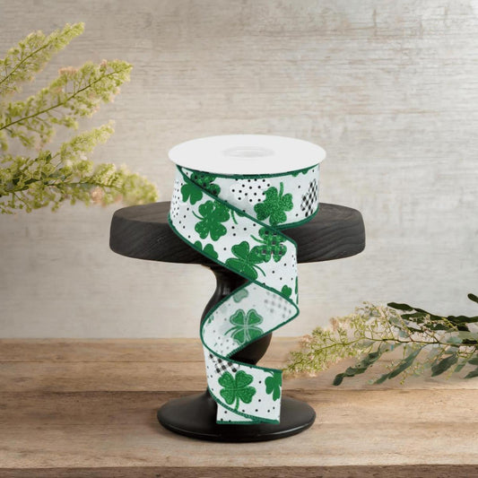 1.5" Pattern Shamrock Ribbon: White (10 Yards)