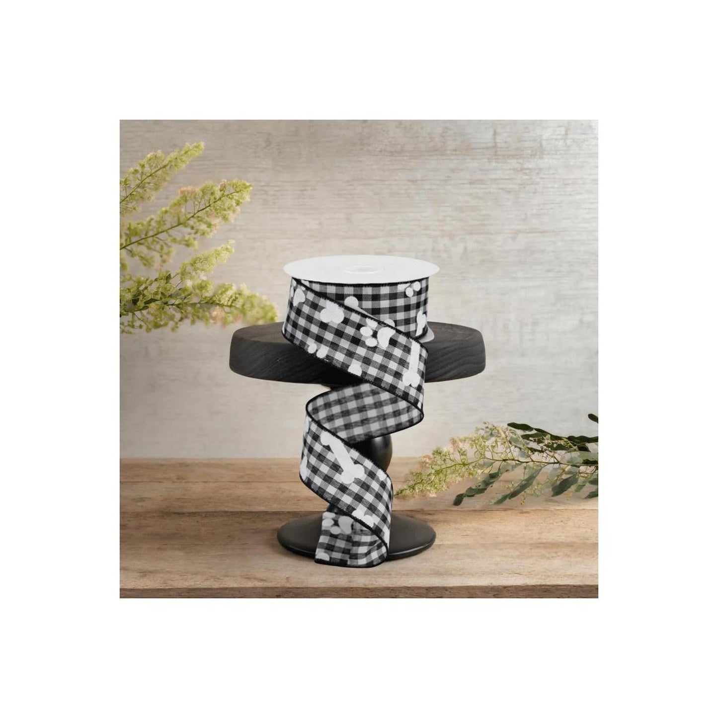 1.5" Paw Print Bone Check Ribbon: Black/White (10 Yards)