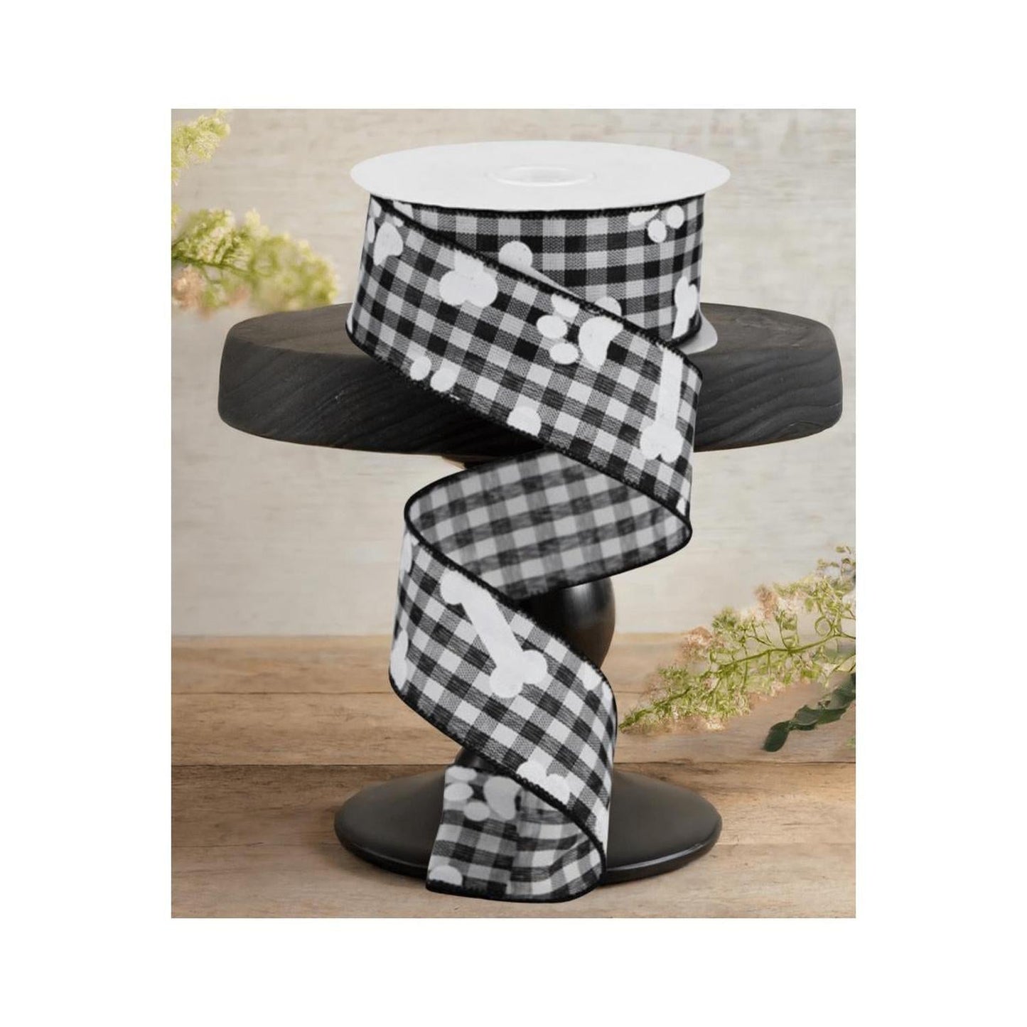1.5" Paw Print Bone Check Ribbon: Black/White (10 Yards)