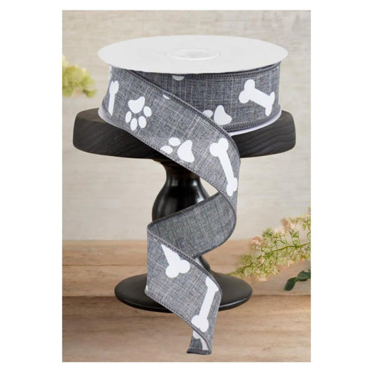 1.5" Paw Print Royal Ribbon: Grey (10 Yards)