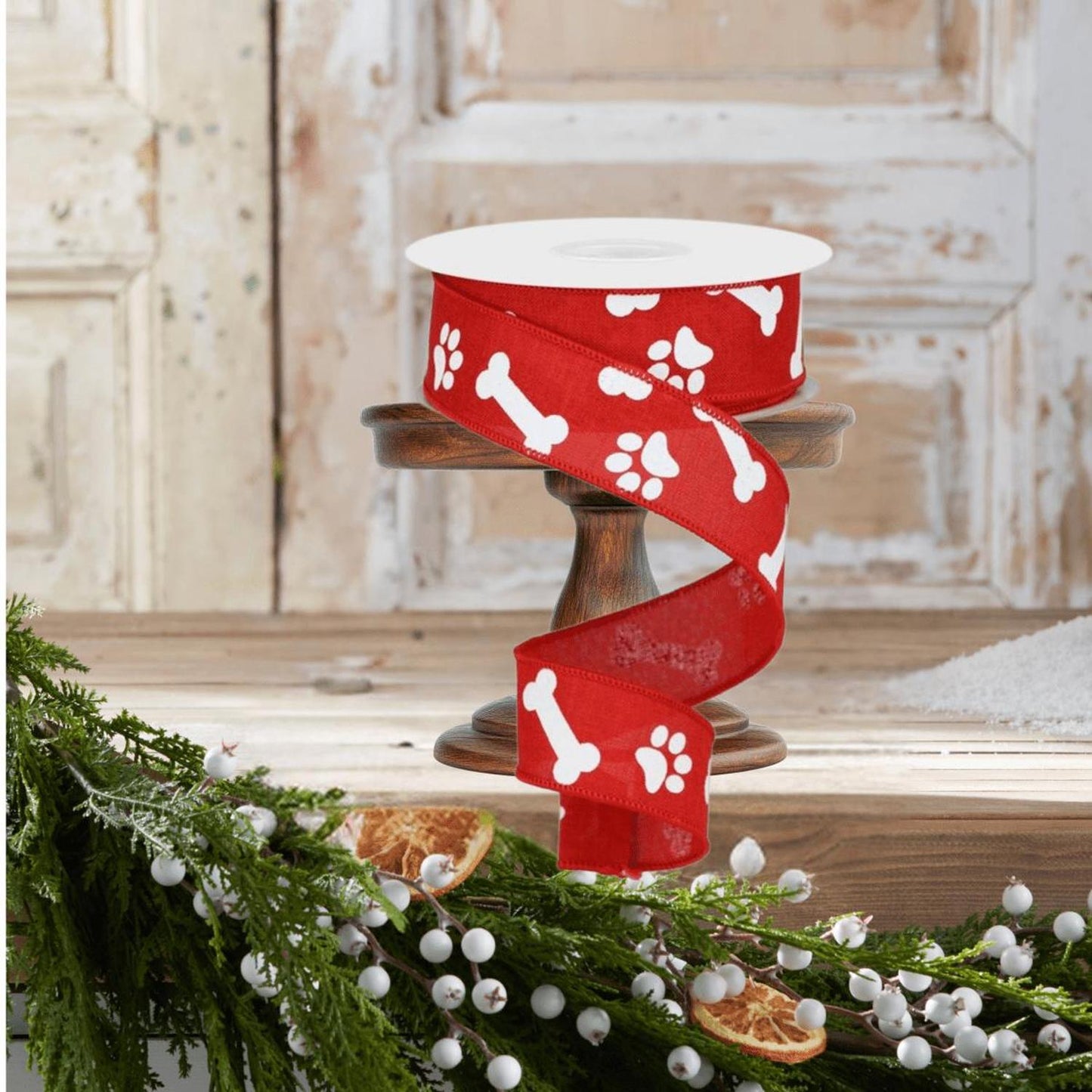 1.5" Paw Print Royal Ribbon: Red & White (10 Yards)