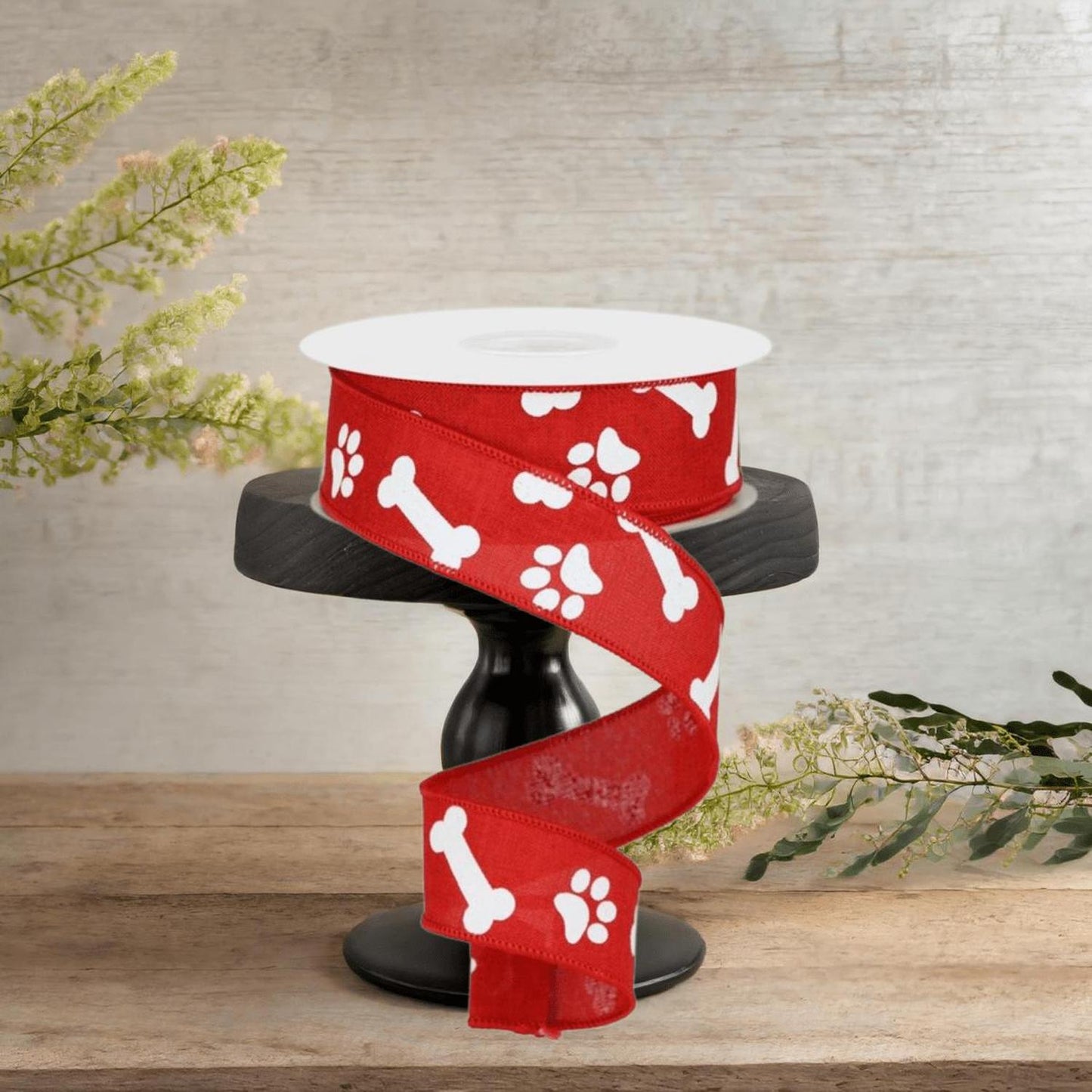 1.5" Paw Print Royal Ribbon: Red & White (10 Yards)