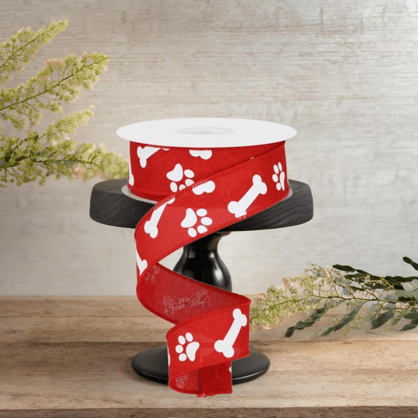 1.5" Paw Print Royal Ribbon: Red & White (10 Yards)