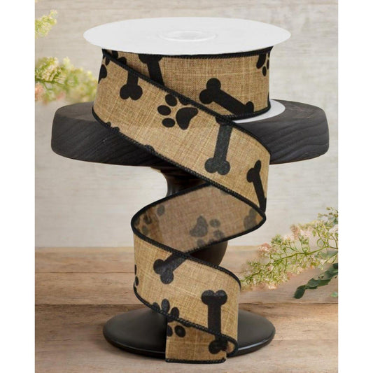 1.5" Paw Print Royal Ribbon: Tan & Black (10 Yards)