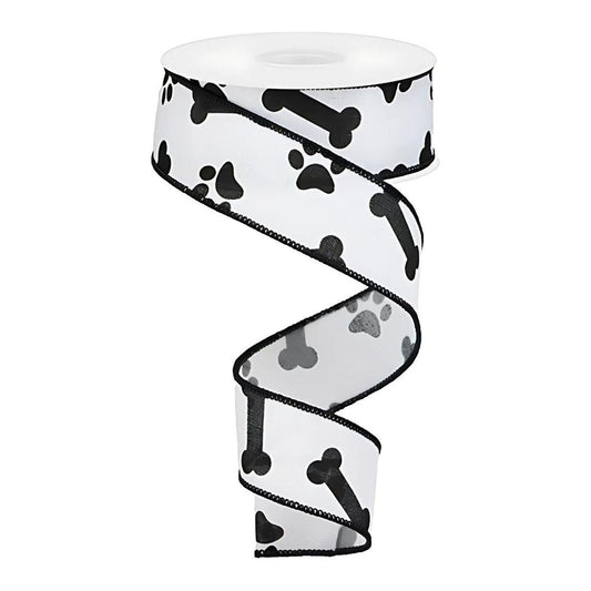 1.5" Paw Print Royal Ribbon: White & Black (10 Yards)