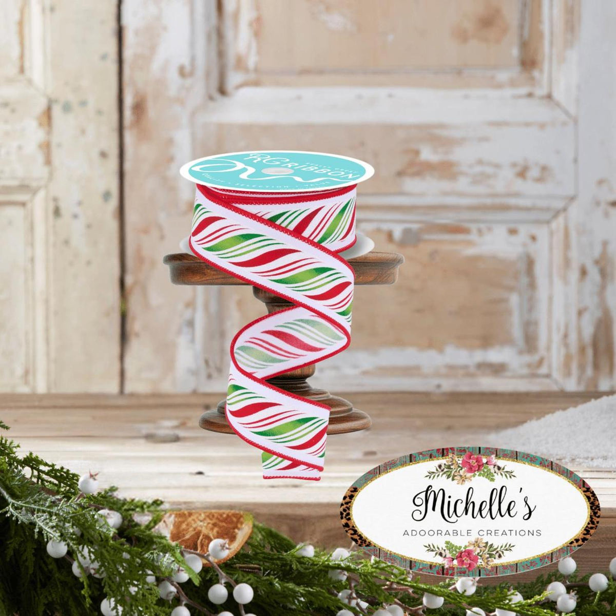 1.5" Peppermint Twist Ribbon: Red/Green (10 Yards)