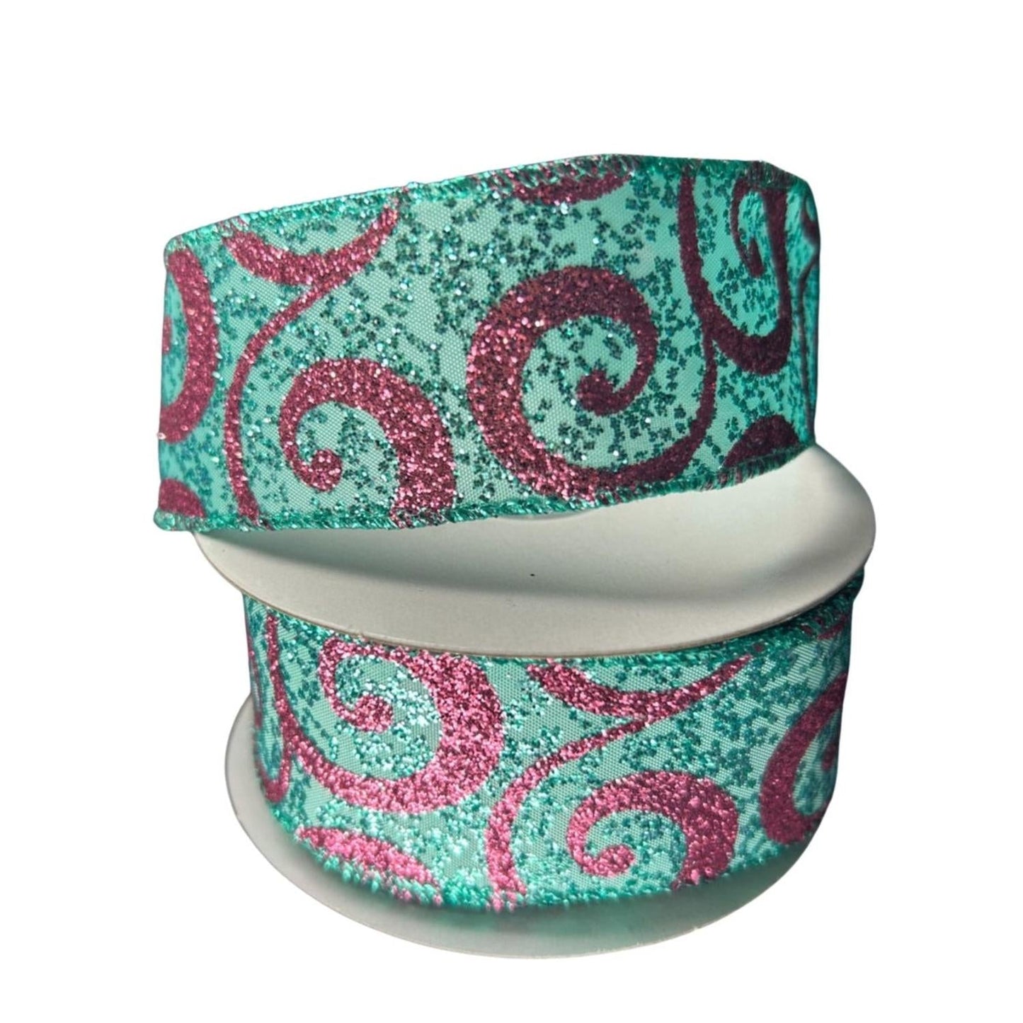 1.5" Pink Glitter Swirl Ribbon: Teal (10 Yards)