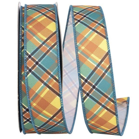 1.5" Plaid Nelson Diagonal Ribbon: Turquoise (20 Yards)