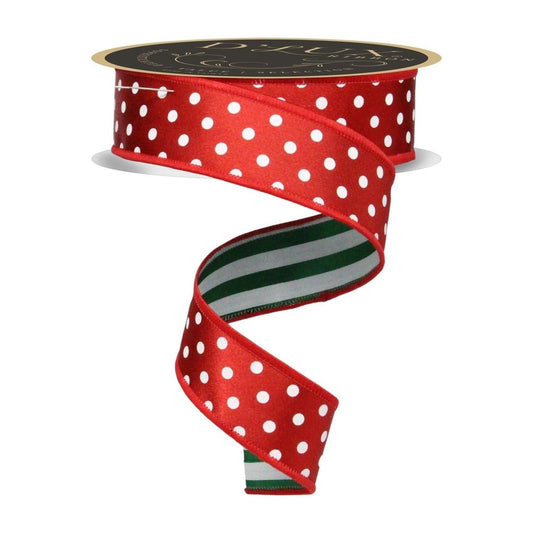 1.5" Polka Dot Striped Fused Ribbon: Red/Green/White (10 Yards)