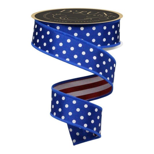 1.5" Polka Dot Striped Fused Ribbon: RWB (10 Yards)