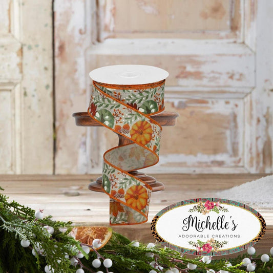 1.5" Pumpkin Foliage Ribbon: Light Natural (10 Yards)