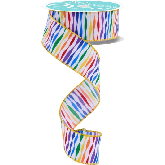 1.5" Rainbow Twisted Stripe Ribbon: White (10 Yards)