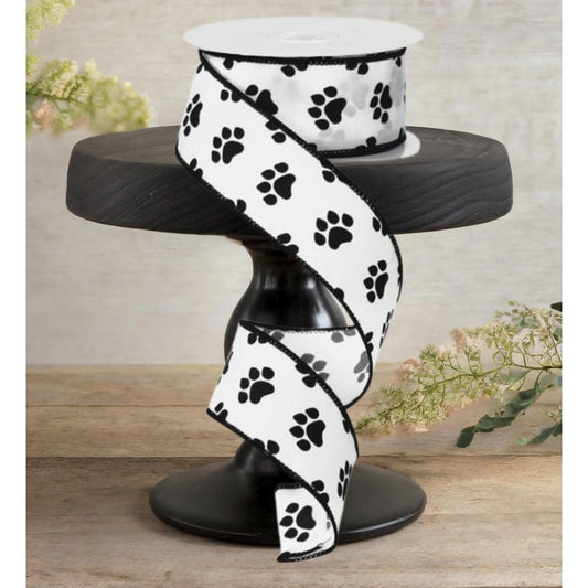 1.5" Satin Paw Print Ribbon: Black & White (10 Yards)