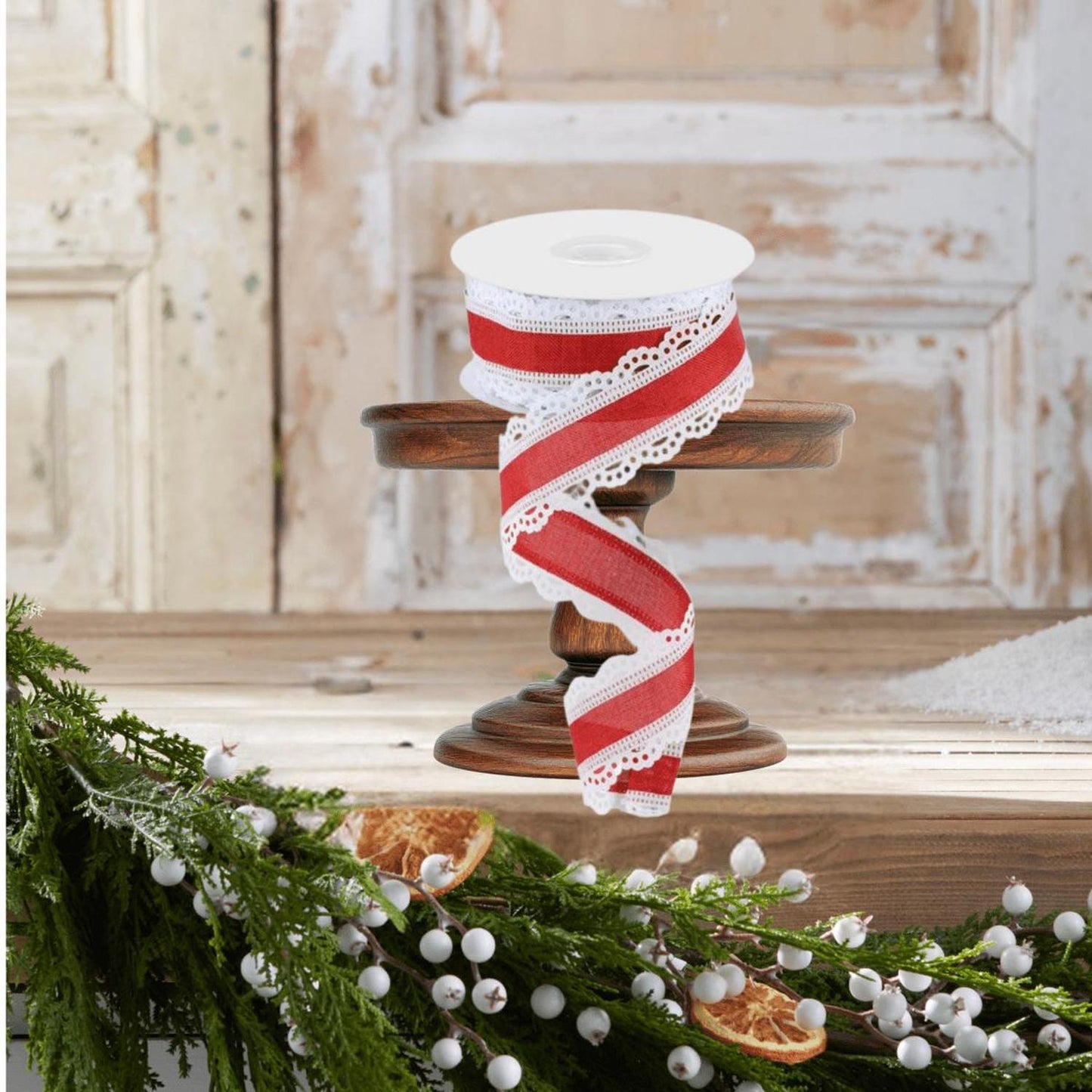 1.5" Scalloped Edge Ribbon: Red/White (10 Yard)