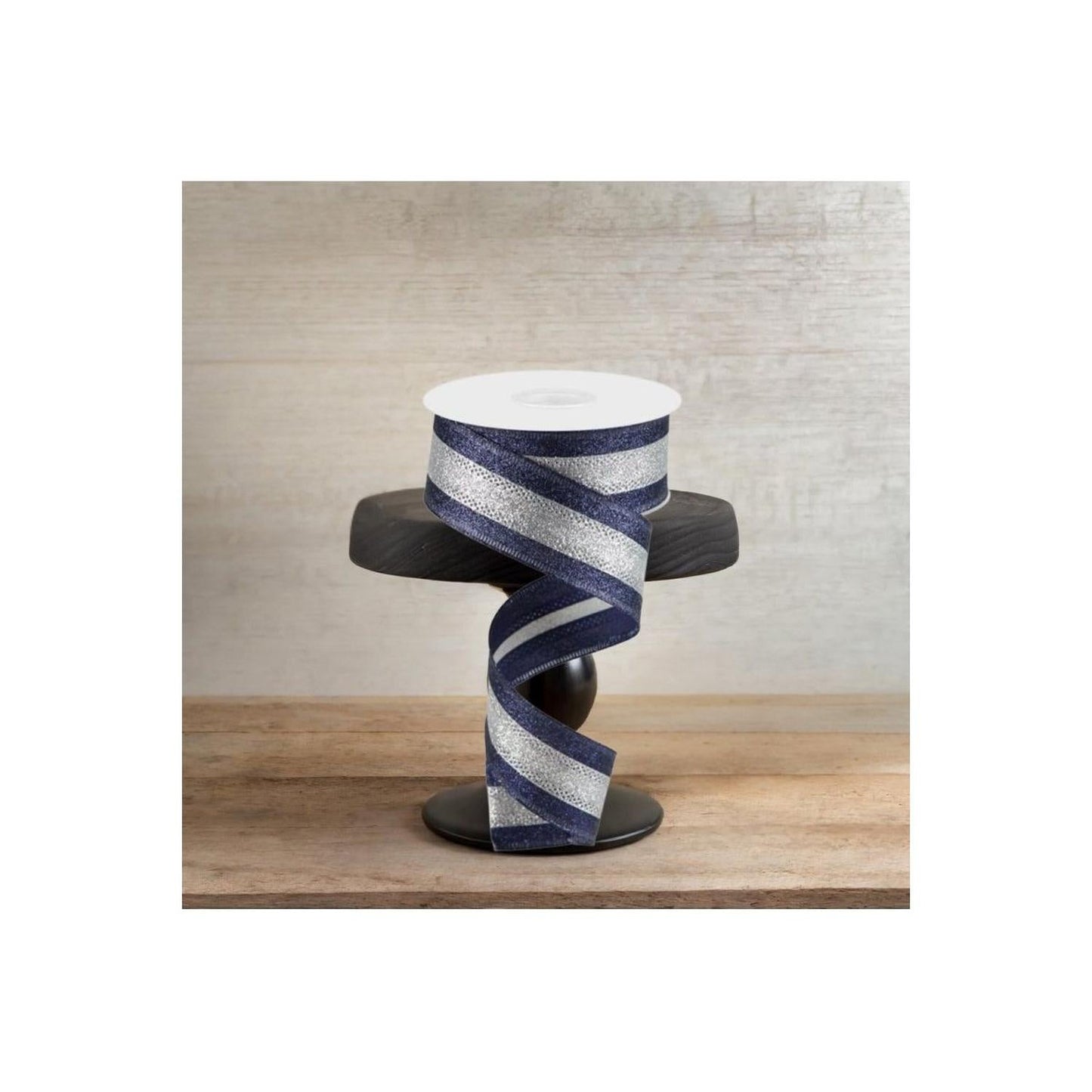 1.5" Shimmer Glitter Stripe Ribbon: Silver/Navy Blue (10 Yards)