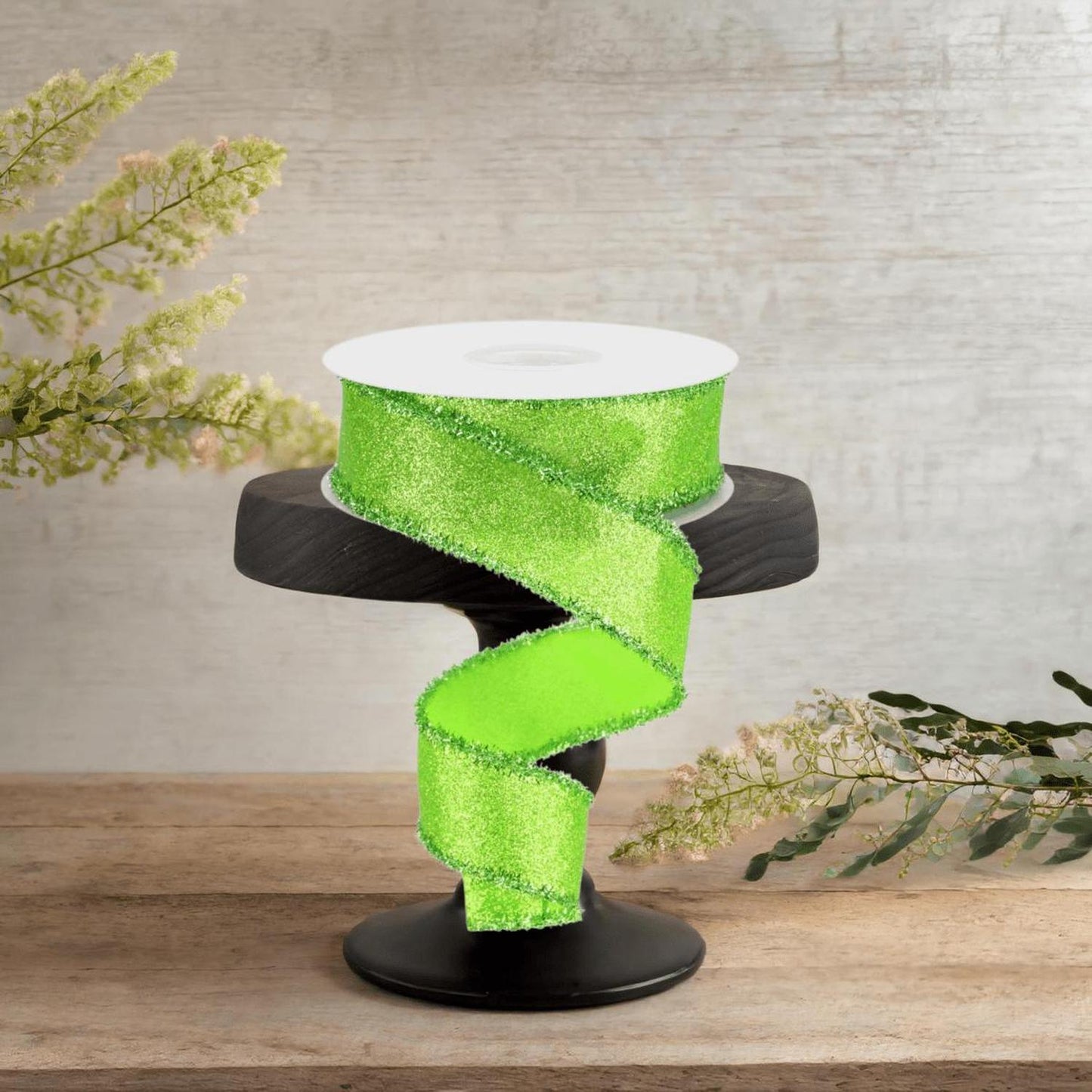 1.5" Shimmer Glitter Tinsel Ribbon: Lime Green (10 Yards)