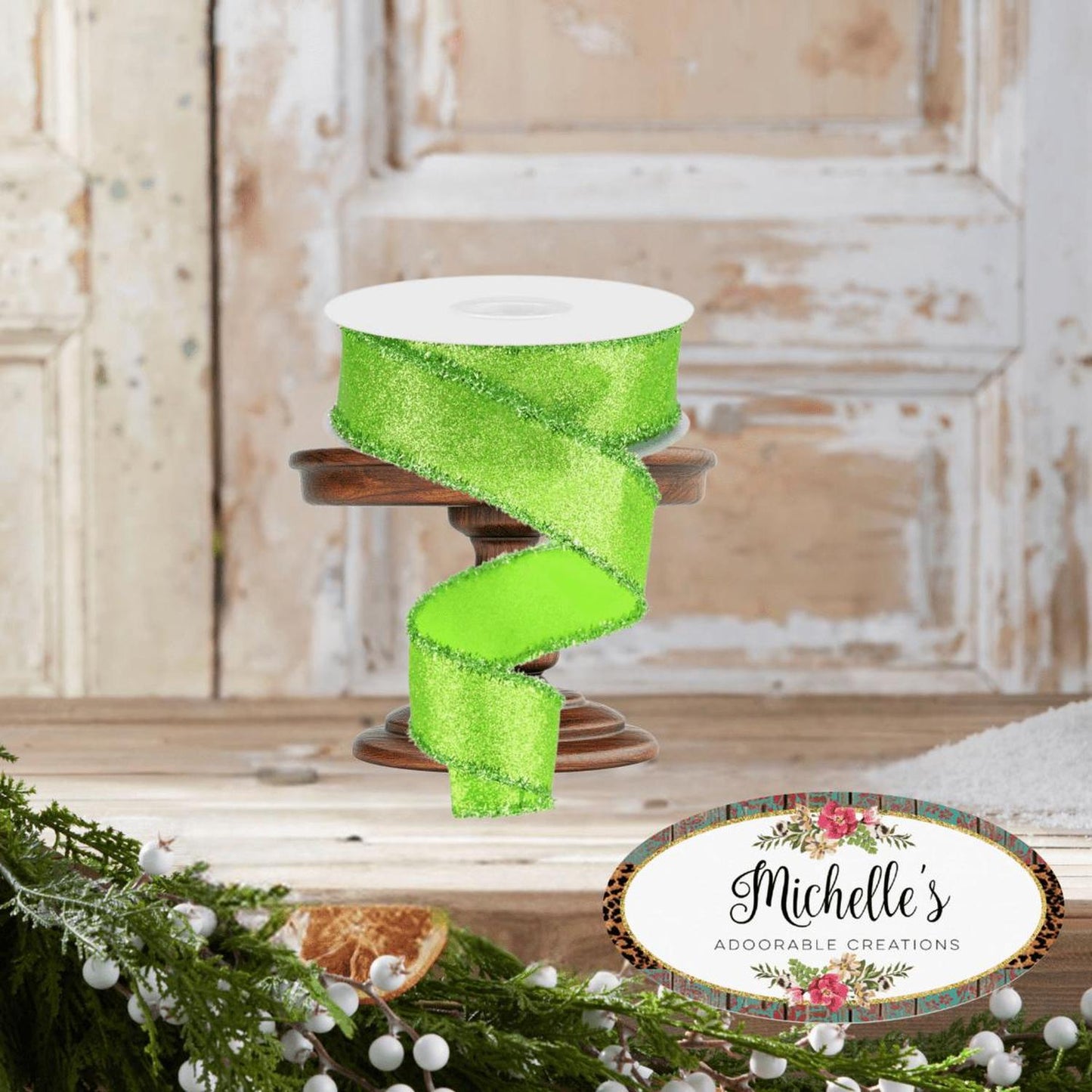 1.5" Shimmer Glitter Tinsel Ribbon: Lime Green (10 Yards)