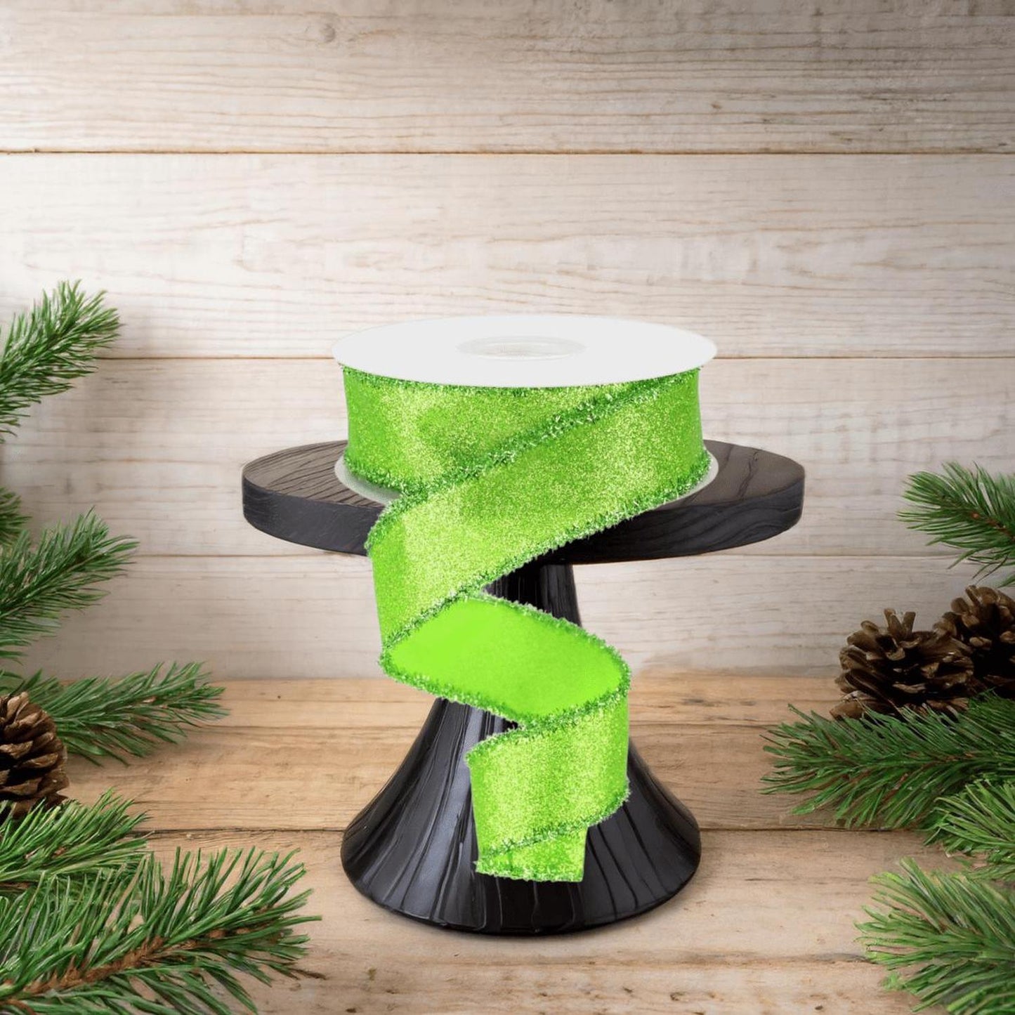 1.5" Shimmer Glitter Tinsel Ribbon: Lime Green (10 Yards)
