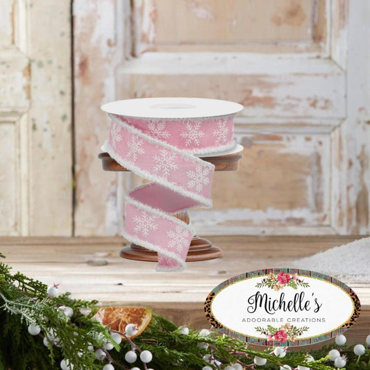1.5" Snowflake Drift Edge Ribbon: Pink (10 Yards)
