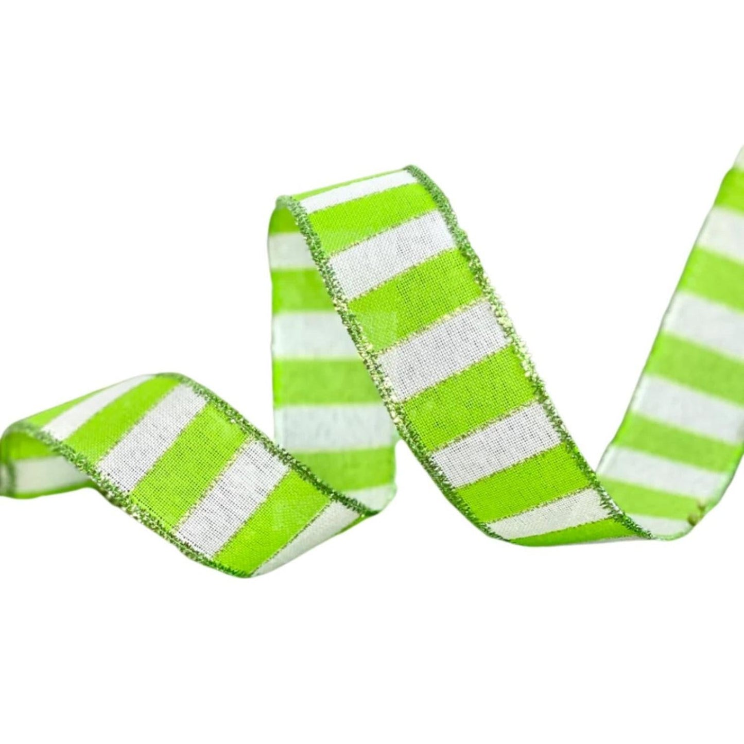 1.5" Stripe Tinsel Edge Ribbon: Lime & White (10 Yards)